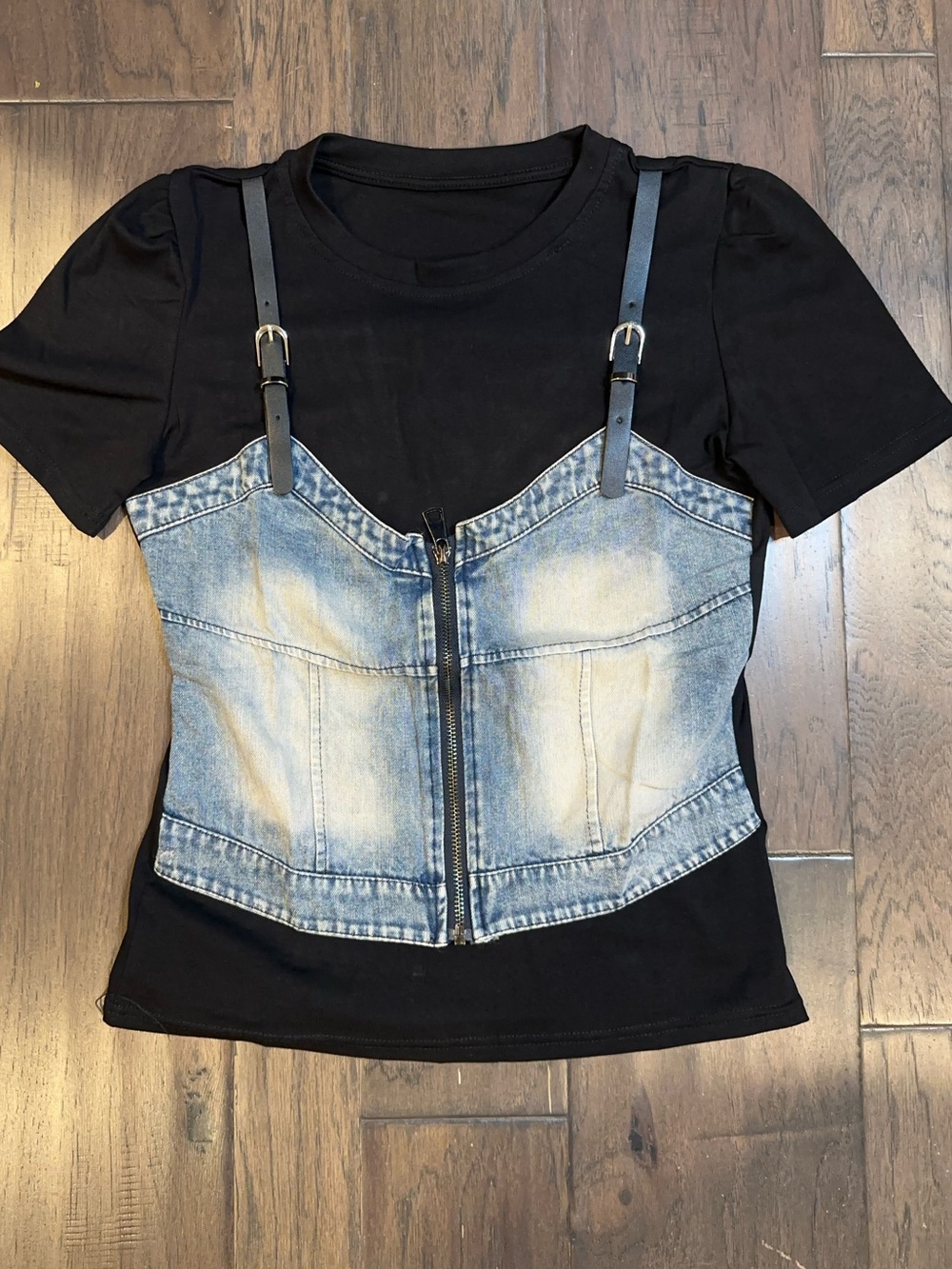 Black Tee with Light Blue Denim Bustier Overlay size Medium